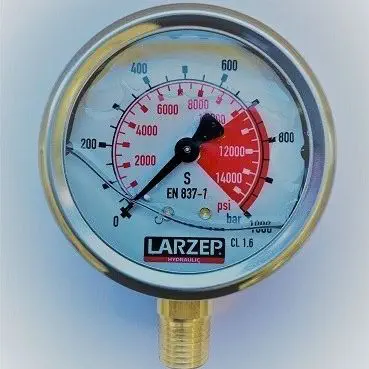 Larzep Pressure Gauge, 63 mm Face, Glycerine Filled, 1000 bar maximum